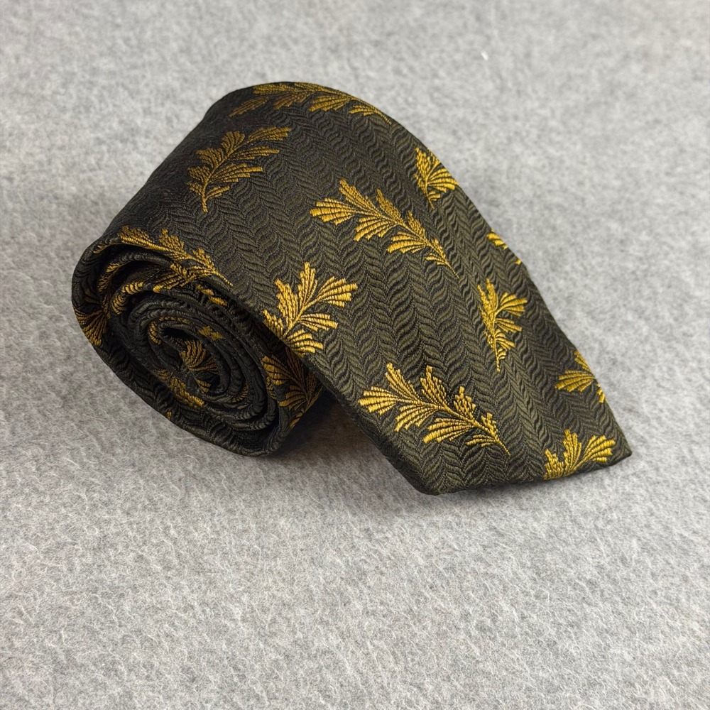 VTG Audrey Buckner Silk Tie Black Gold Leaf Floral Jacquard Hand Tailored 58x3.6